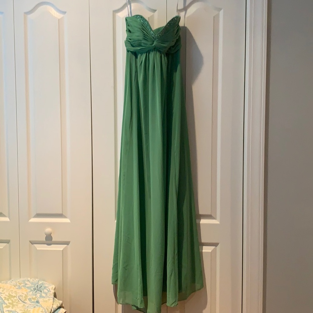 Green strapless David’s bridal dress